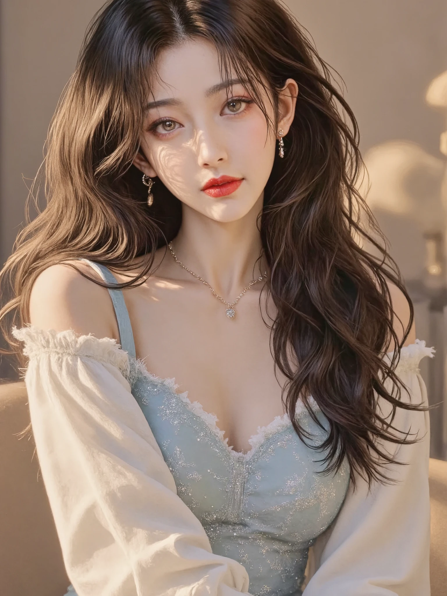 best quality, masterpiece, high_res, 1girl, hair ornament, necklace, jewelry, Beautiful face, tyndall effect, photo realistic, rim lighting, two tone lighting, (high detailed skin:1.2), 8k uhd, dslr, soft lighting, high quality, volumetric lighting, candid, Photograph, high resolution, 4k, 8k, Bokeh, medium breasts, lingerie pijamas, nipple, absurdres, shirt, long wavy hair, hair on shoulder, short fang, dark ash brown hair color ,shore Fringe