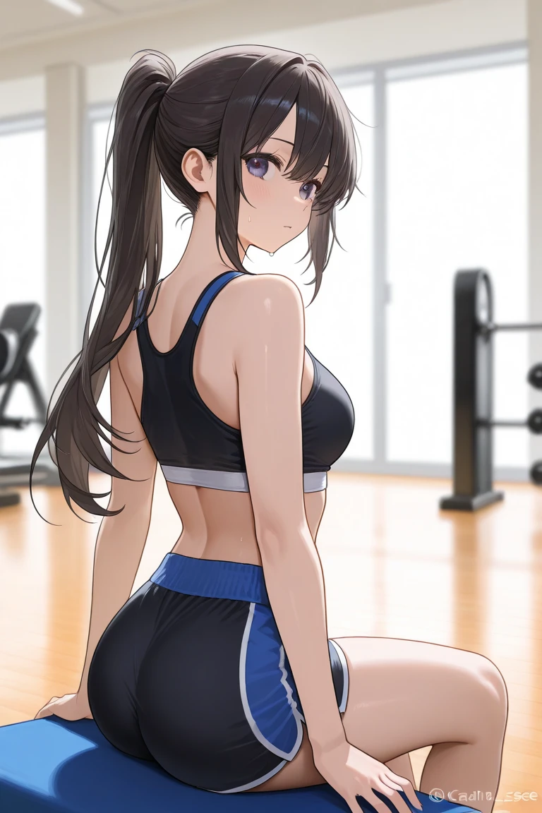 (masterpiece, best quality:1.5), brightering light, beautiful eyes, ultra detailed face,  
BREAK 1girl, long hair, black hair, straight hair, blunt bangs, serious, looking away, 
BREAK sport bra, shorts, 
BREAK in gym, blurry back ground  
