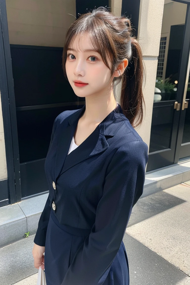 ((Best of the highest quality, 8k, Masterpiece: 1.3, raw photo)), Sharp focus: 1.2, (1 AESPA, slim body type female, 21 y/o: 1.1), (Solo: 1.2), (realistic, photo-realistic:1.37), face focus, cute face, finely eyes, (droopy eyes: 1.32), (Emphasize prominent aegyo-sal with bright: 1.2), shimmering eyeshadow applied under the lower lash line, paired with thick, (from behind: 1.16), (small breasts, flat chest, Thigh: 1.3), (short messy hair, bangs, updo: 1.2), (wearing navy blazer and shirt of school uniform, panties: 1.32), walking terrace office, sun light, flower