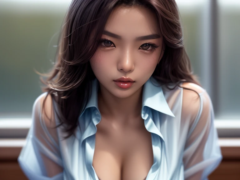 real image、8k,(masterpiece) top quality, Super detailed, Super realistic, 40 year old female, black hair、double eyelid、sharp gaze, Beautiful person, strong, short hair,  Square neck shirt、Sloppy jeans, big breasts、(cleavage: 1.3) , earrings、whole body、sitting、In cold, bluish tones, A rustic house in the background々There is、Sometimes you can see plants, dynamic angle, high resolution display, realistic lighting and shadows, breathtaking、