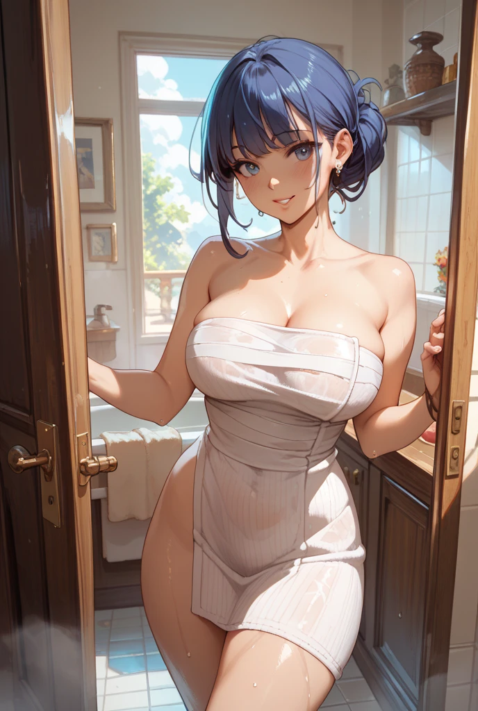 ((wearing bath towel)), (with intricate details), (COLORFUL), cinematic lighting, Bust Shot, extremely detailed unit 8k CG wallpaper, 1 girl, big breasts, wet, big breasts, wet, standing, too hot, hot, Wearing sweat,legs open, covering breasts with hands, covering with hands, hot springs, inside the hot springs, bathing in the hot springs, At Night, ((towel in front))