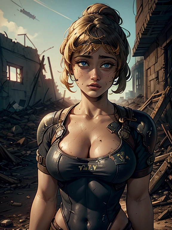 (from_below:1.2), (closeup modelshoot style), (detailed realistic face and eyes), ((sexy woman mechanic wearing tattered worn-out stained military overalls)), (sitting in tight cramped greasy cockpit of a post-apocalyptic hydraulic exoskeleton), sunset