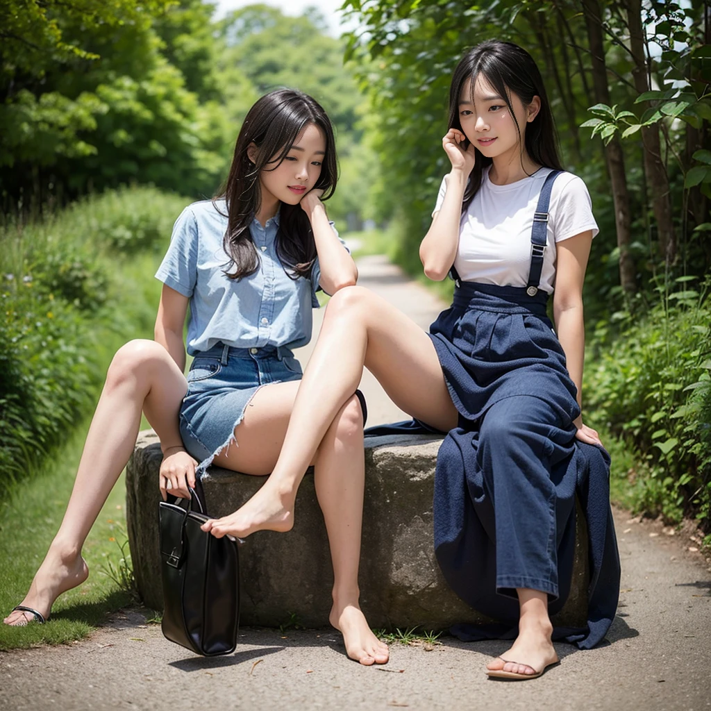 a realistic photo of asia women wearing black t-shirt v-neck and shot jeans, beautyfull face, happy smile, gray long hair, sakura garden background, light smooth and golden, pee ground, she take jean down under knees, show real pussy, show real vagina , show ass, show breast, nude, naked.
