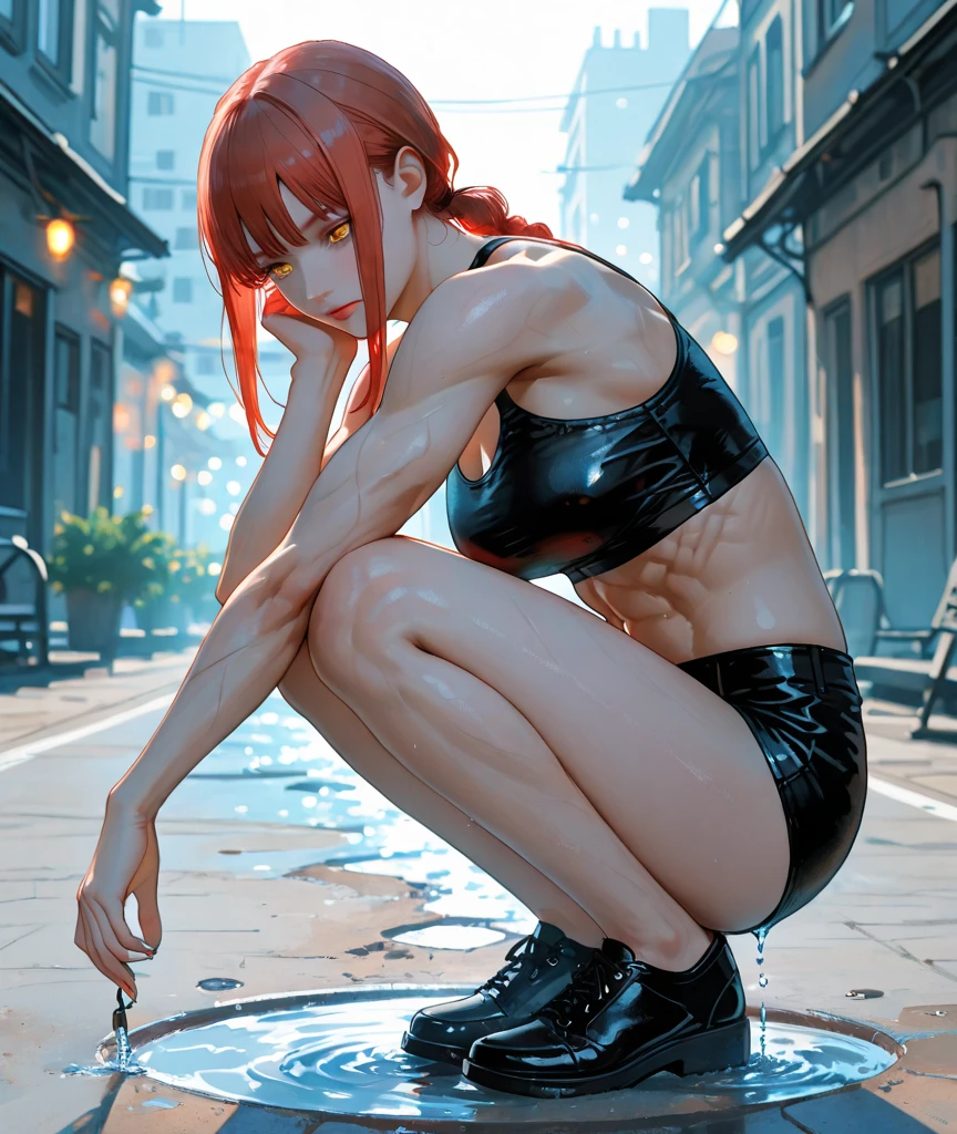 1 very skinny female version of leonardo from TMNT Long red hair double hairbun big boobs , Compleetlee naked , Brown Bikini, bathing, not that muscular, visible nippels and cameltoe, location is newyork canalisation asian orange lamps, UHD, masterpiece, super detail, high details, high quality, award winning, best quality, highres, 16k, 8k