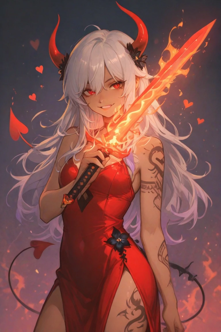 Masterpiece, very detailed, ultra detailed, one, (1 woman), athletic body, six press packs, she is in a ballroom lace red dress with bright gold details, with a fiery sword in her hand and in a standing and fighting position, long hair, bright white hair and wild bangs and tied hair, white demonic horns, beautiful, charming, bright red eyes, elegant, big breasts(huge), neutral face, calm face, charming, against the background of fire, flame and lava.