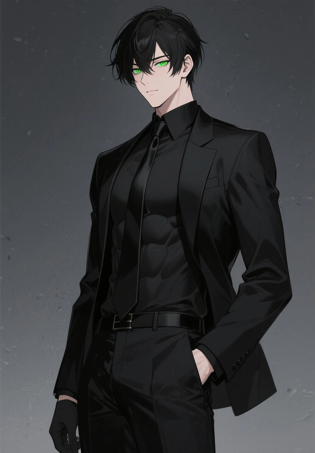 "Chico, elegant, Emo, black clothes, muscular, black shirt, Black pants, black fur, Cold look"