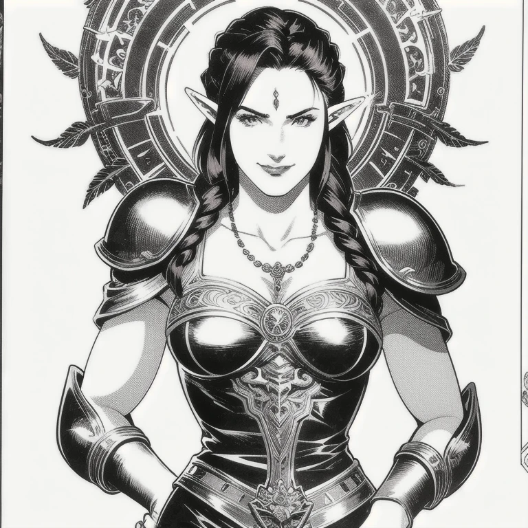 A beautiful female elf, long black hair, pointed ears, chained in dramatic dungeon, mournful expression, detailed facial features, short tunic with ruffles and ribbon, revealing cleavage and figure, rhombus stripes accentuate form, hands and neck bound by intricate chains, cinematic natural lighting, inspired by Alphonse Mucha art