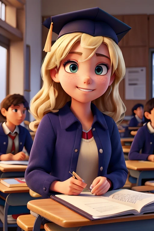 Year: 2012. Location: North River Heights, Manhattan. pre-raphaelite 10-year-old blonde girl, in class, raising her hand high in excitement, big smile, (((2010s colorful clothes))) ((2010s hairstyle)) ((in the style of "OMITB")) ((cinematic style)), full body view, sitting on the desk