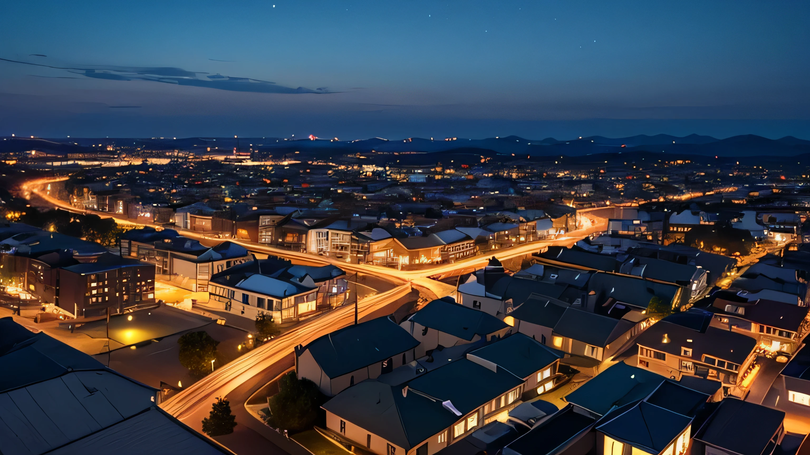 Create a picture of a subdivision in top view that angles a little bit. Night time.