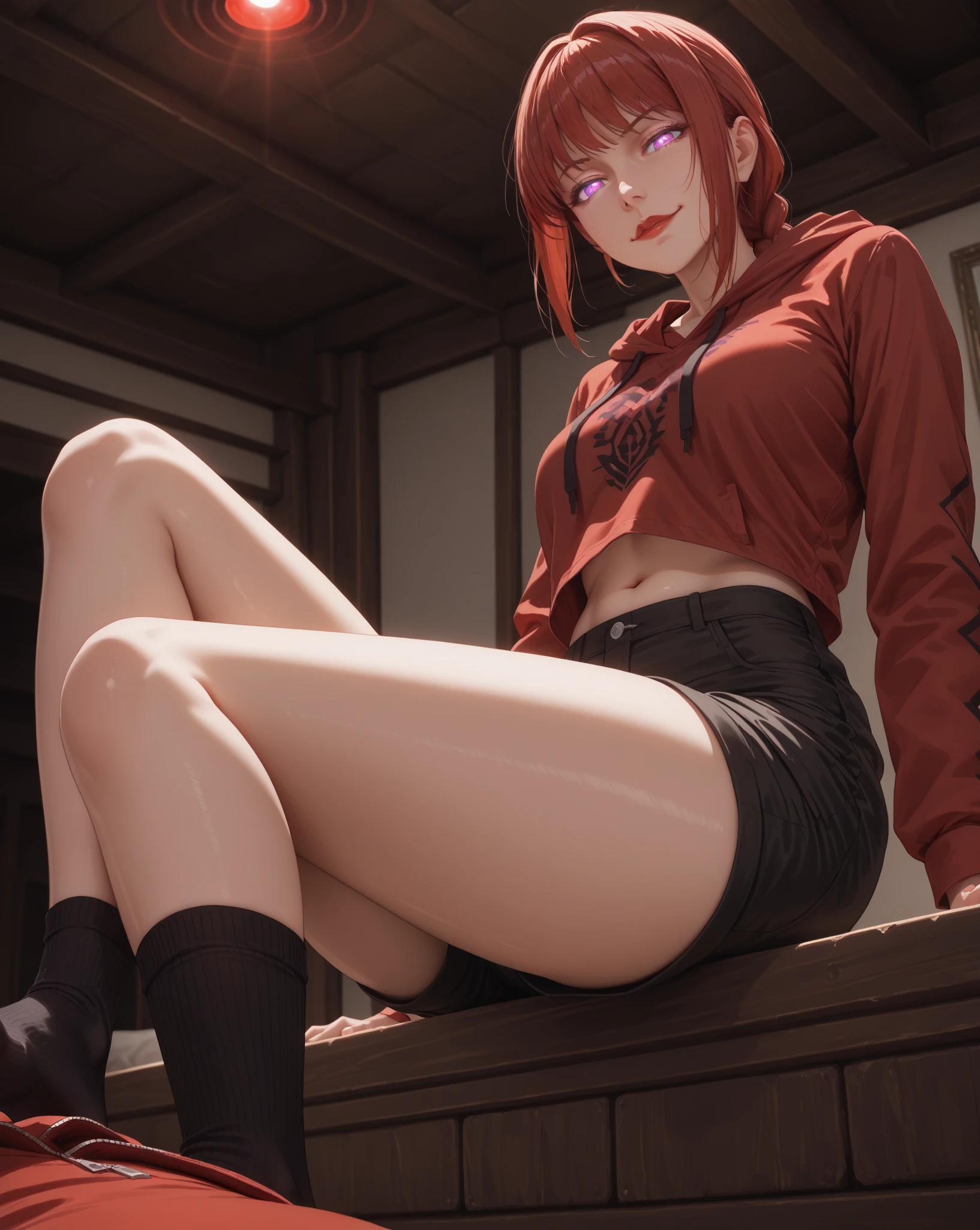 merula, solo girl, wide hips, thighs, sitting, (frenchgirlstyle, striped horizontal white pullover, , beret, tight red mini skirt, high heels ), striped pantyhose, cleavage, medium breast, nude abdomen