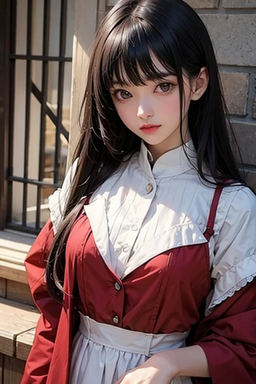 Masterpiece high quality high details realistic face ultra realistic face chubby face girl with slender fit figure and dark black long hair and hair woven with bow wearing red dress