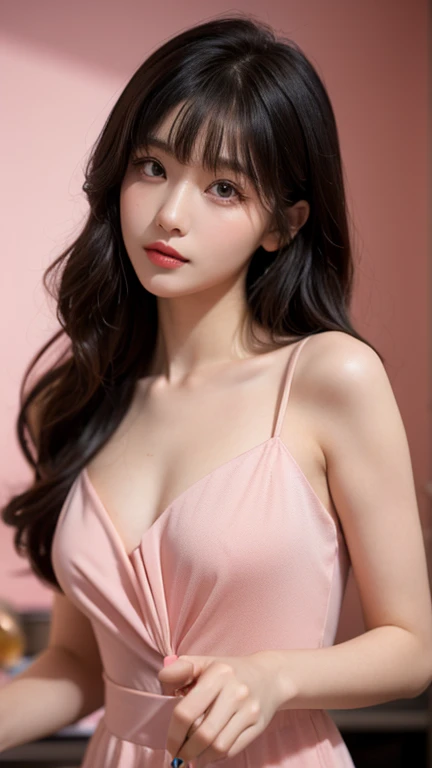 (lifelike,high resolution:1.3), A slim girl, The face shape and eyes are super delicate,black hair,red glossy lips,(beautiful face), (best quality), (Super detailed), (Extremely detailed CG unified 8k wallpaper),((deep v dress)),(White background),(cleavage),(Model photo),dignified poses,big eyes,(standing),(air bangs),SMALL BREASTS,((full upper body)),(above waist),Eyes look at the audience,