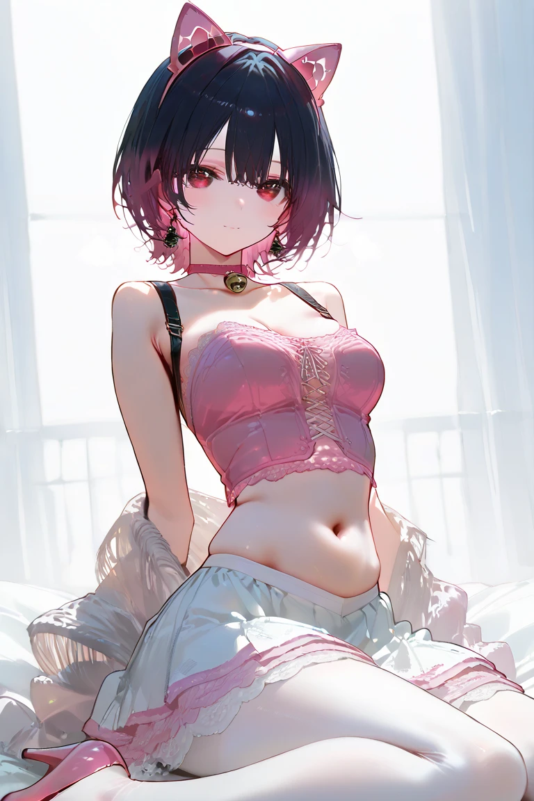 masterpiece, best quality, highres, bbpatra, short hair, multicolored hair, horns, double bun, hairclip, pointy ears, large breasts, off shoulder, bare shoulders, necklace, cleavage, black jacket, open jacket, pink dress, frilled dress, heart print, see-through, sitting, sofa, living room, smile,