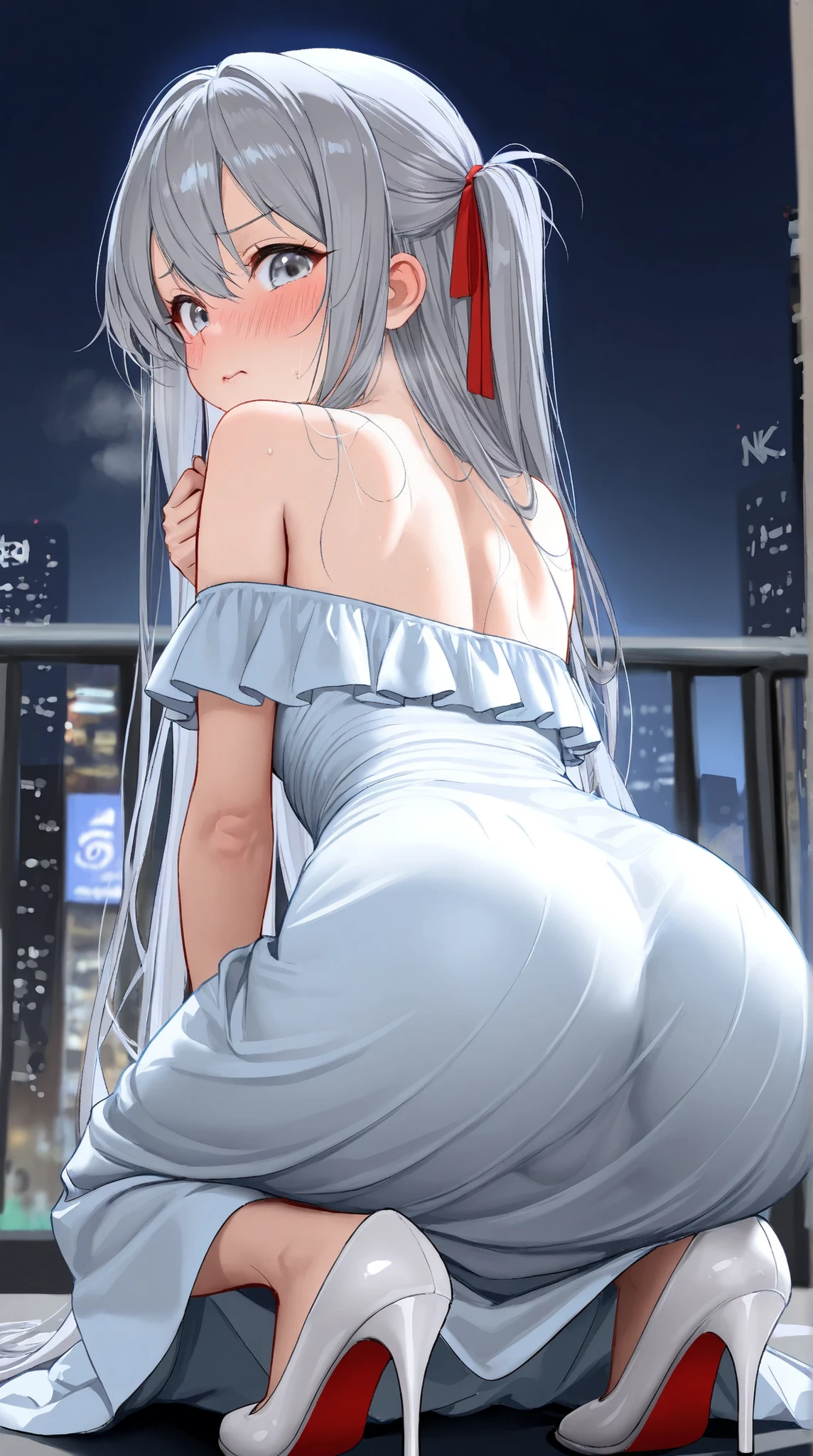Very detailed、Highest quality、Best image quality、masterpiece、8k、Anime Face、A kind smile、Sparkling Blue Eyes、Long blonde curly hair、(SFW Huge Body)、(((Rear View)))、Cowboy Shot、(Wearing a white T-back:1.5)、Muscles of the whole body、Kneel on the sofa