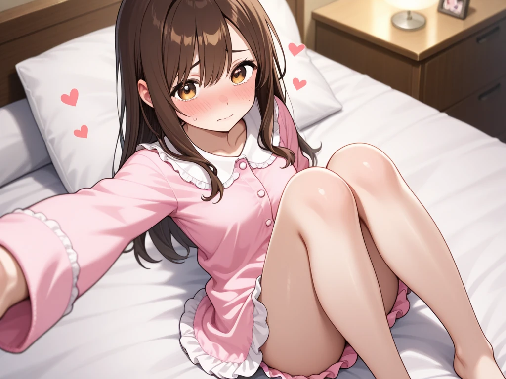 Let's think step by step,Highest quality, masterpiece, Ultra-high resolution, 8k,Show anime style , Soft line drawing, Digital Enhancement, shojo anime touch, shojo manga core, Flowing fabric, close, Soft Drawing, Ultra High Definition Digital Anime Art, Clear facial depiction, Highly detailed girl manga character art, Ultra-detailed manga style, Highest qualityの色,(((woman１people))),(A woman with short brown hair), Wet Hair,Beautiful brown hair, Clear brown eyes, A little chubby,(((Small breasts))),pajamas,((She is sleeping in bed)),from side,(Wearing a futon.),I sleep in bed with her, Her profile as she sleeps peacefully,She wakes up,I call out good morning,((She smiled charmingly)),(Focus on the face)