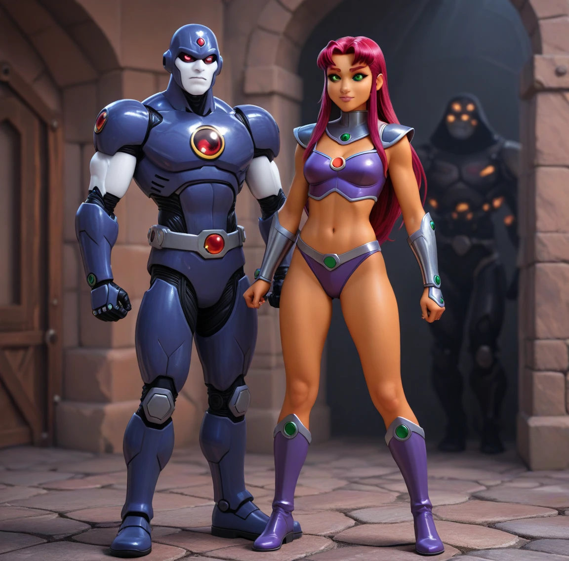 (masterpiece:1.2), (best quality:1.2), perfect eyes, perfect face, volumetric lighting, 1girl, 1boy mature female, hand on hip, flexing biceps, long hair, purple hair, seductive smile, blush, sweat, bikini armor, soldier \(dq3\), winged helmet, red armor, abs, toned, wide hips, thick thighs, huge breasts, sky, detailed background, ((sunset ambiance light:1.0))