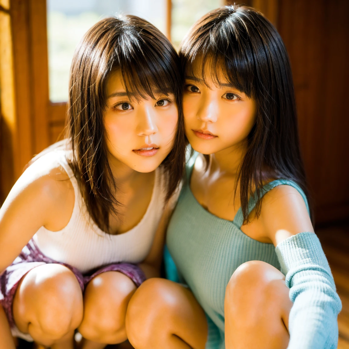 (natta、Realistic light、top-quality、8K、masterpiece:1.3))、16-year-old beautiful girl identical twin sisters、Sexy twins、Slim Beauty:1.4、bangss、abdominals:1.1、Create actively, on a couch, Night time, tightly hugging, Kiss passionately, Lips touch, Revealing clothes, remove, Bare skin, Absolutely hot