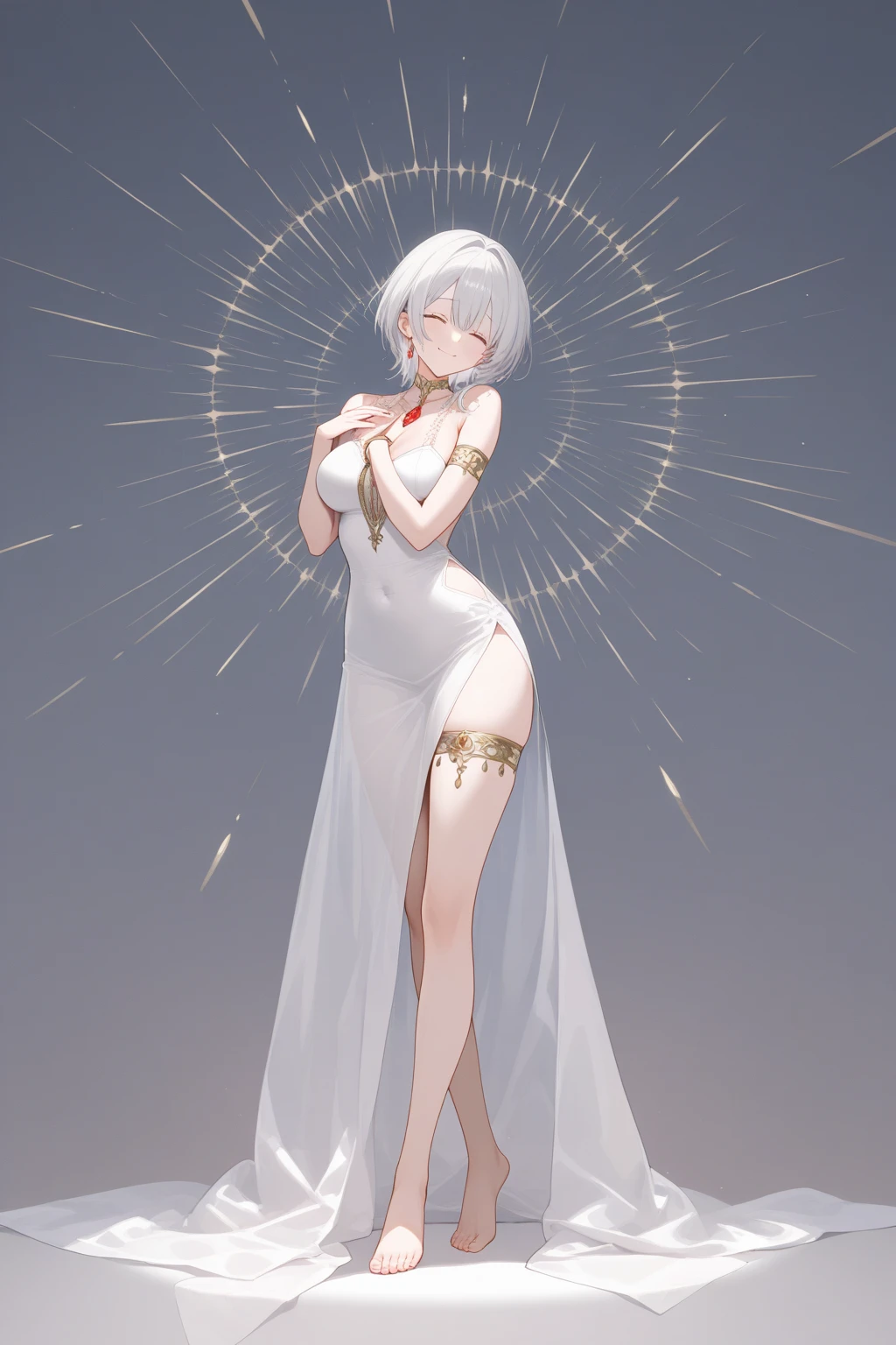 (((masterpiece))), (((best quality))), (((high quality))), (((1girl))), ((young woman)), ((shy)), (((Superhero))), (((slender body))), ((platinum blonde hair)), (((abundant slightly wavy short hair with accessories))), (pink eyes), black eyeliner, salmon eye shadow, full lips, peach lips, many moles all over the body and face, freckles, slender and slightly strong body, ((pale skin)), long legs, medium breasts, high hips, small waist, big ass, thick thighs, ((white and gold modern superhero costume)), ((white heeled boots)), ((white gloves)), floating