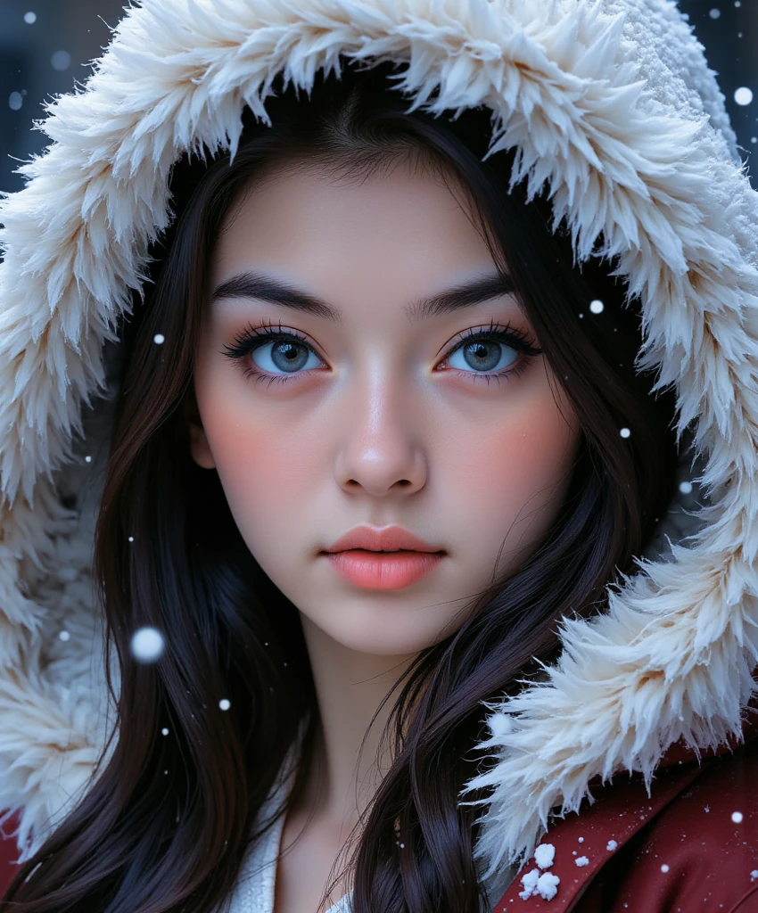 Ultra-realistic、 ultra-detailed portraits、 最high quality、 8K、highest level、 The ultra -The high-definition、(Super beautiful detailed face:1.5)、(detailed eyes:1.2)、(detailed lips:1.2)、(Detailed nose:1.2)、cinematic lighting、(anatomically correct:1.3)、((cleavage))、(I encourage you to choose a subdued and perfectly coordinated background for your phenomenal, diverse random creation)、(Use any technique of combining materials, natural, artificial, (light, heavy, airy), metals, elements and fantasy magic, any style, any outfit, choose eyes color, ((hair is a different color than eyes)), dynamic random fancy, professional hairstyles)、1girl:1.4 22years old、fashion supermodel、real:1.66、photorealistic:1.66、(very delicate and beautiful、fine details:1.3)、masterpiece、 最high quality、 (high quality)、 (absurdres)、 (sharp fous)、(Glamour, paparazzi taking pictures of her)、 contrast、 (dark shot:1.07)、red_lipstick:1.25、((perfect round eyes))、((snow-white fur with a hood with a raw wolf skull on the head:1.24))、(matte skin:1.3)