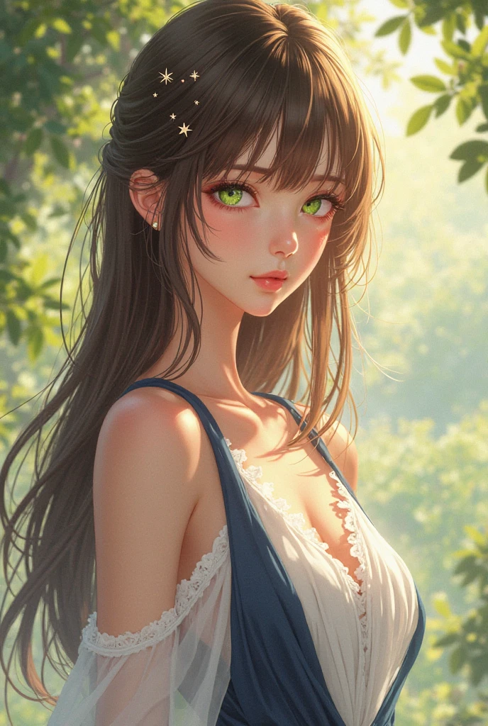 Brown Hair, In forest background, Beautiful face, Beautiful breast, release butterfly, cinematic look, portait