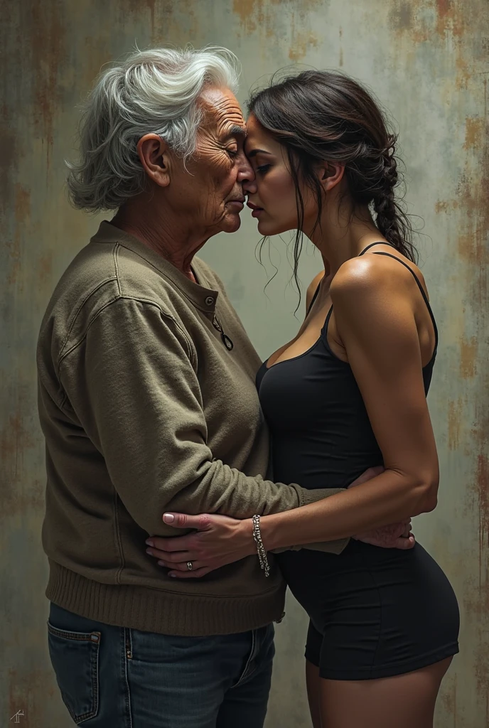 Create a realistic image of a 90 year old elderly lady, who is very obese, black dark skin, wearing a white shirt and black skirt and wearing glasses, touching the breasts of a 30-year-old woman with his hands, who is completely naked, with a slender body, who has long light brown hair, with light white skin