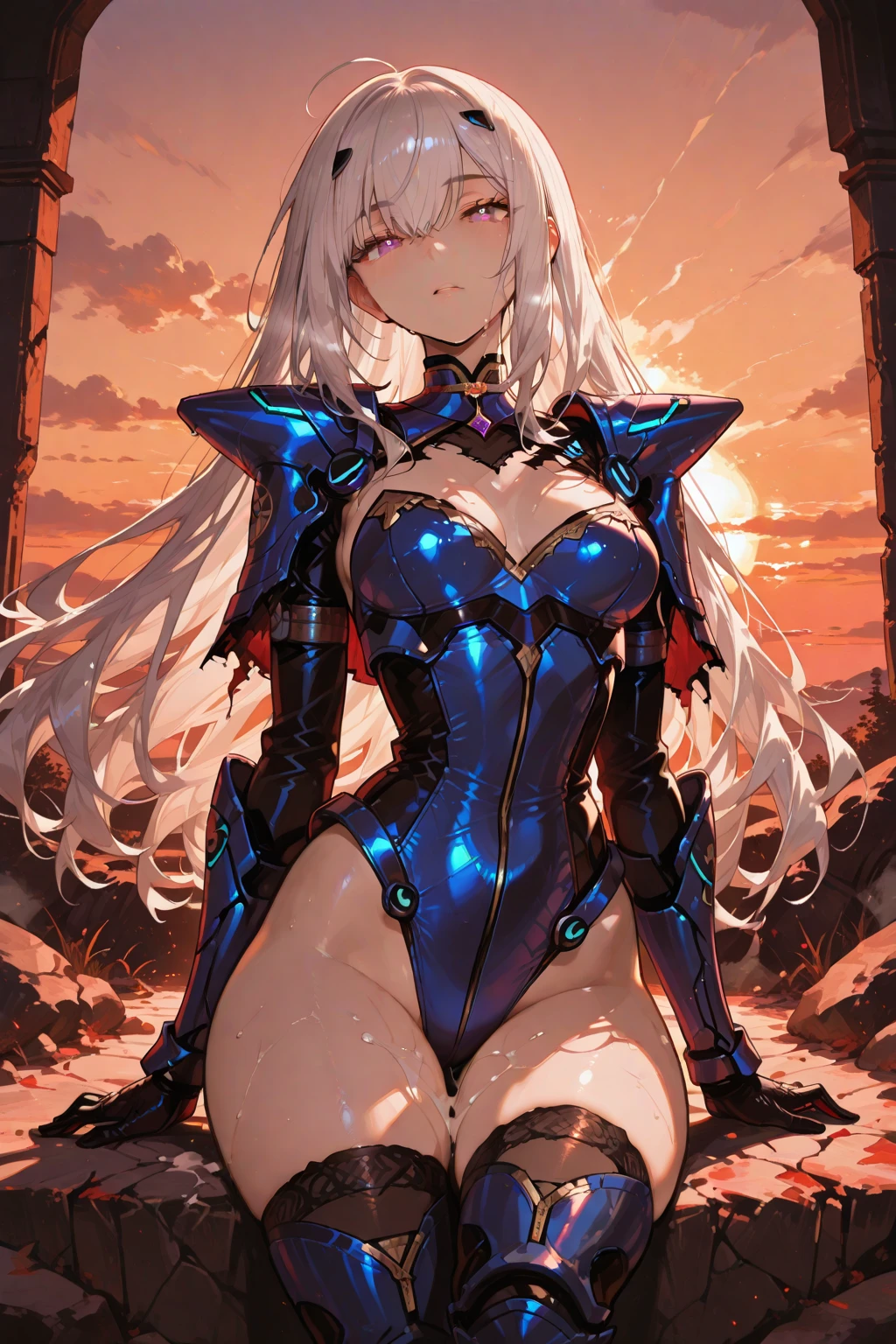 1girl!!!, very long bob hair with bangs, light blue hair, very small breasts, small size, blue eyes, fair skin, lots of scars on body, no scars on face, serious face, Small battle armor, full body, night, moon, snowy ruin, very sexy body, detailed face, highly detailed, 8k, best quality, masterpiece, vibrant colors, digital art, concept art