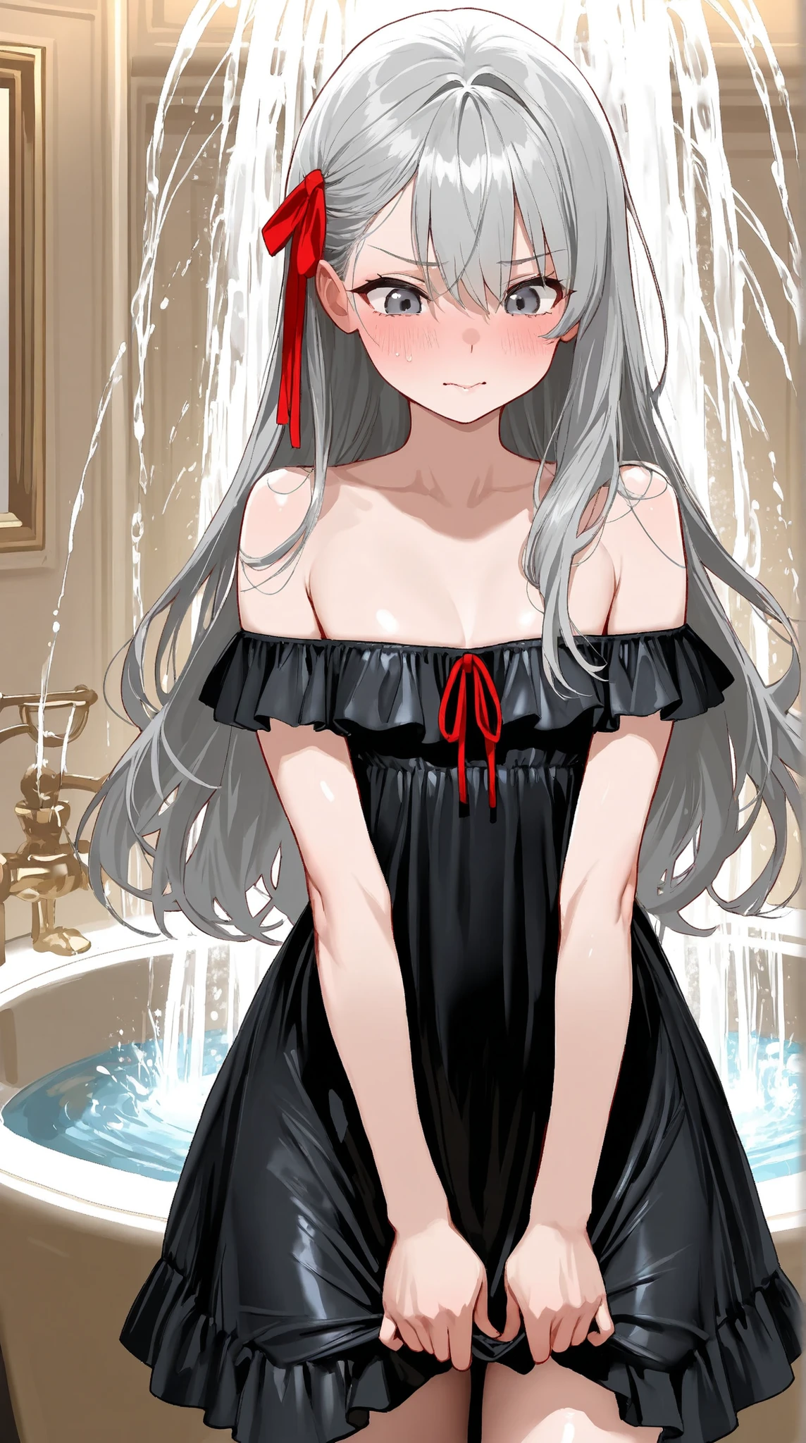 8K (high resolution) (Super Detailed) (masterpiece) (Best Quality) detailed eyes detailed faces with ofisu Detailed hands Delicate hair detailed wrinkles on clothes very elaborate body that moves in sports facilities Fine Skin (solo) early 10s Eyes Childish expression (Grey Hair) Long hair Tie one back hair bungs red ribbon on the side of the head ((small )) flushed cheeks embarrassed look black silk dress off-shoulder see here skirt inside frill dress In the fountain composition from an oblique bottom