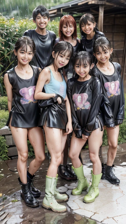 1 female,Black Hair,Age 25,(((Blue shiny micro tight skirt)))((White tank top))(((blush、Laughing with your mouth open)),(((Straight hair))),(((Portraiture))),crowd,,(Wet with sweat)(Sexy black bra and see-through tank top)(Leather thigh-high boots)((Low Ponytail))Saten Ruiko