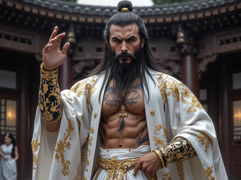 huge sexy masculine inflated tall man with long flowing straight hair in full height with open eyes, Looking Forward, on his face there are two black stripes on his cheeks - the moon god, Asian appearance, topless, in a floor-length silver skirt, semicircular patterns on clothes, depicting the moon, Covered with a black canopy, in black clothes, semicircular symbols on clothes
In the temple with Arabic architecture
