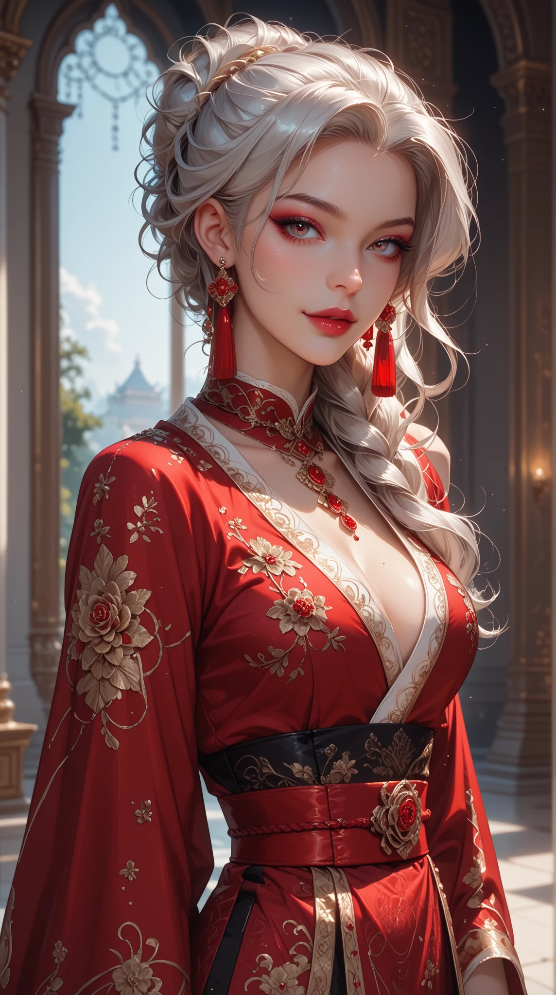REALISTIC VISION 1.4, BETTER VAE,sharp focus, ultra detail, 32k,realistic photo, intricate details, kitsune, intricate details ,woman, nine tails,intricate details,intricate details,big , Voluptuous body, intricate details, Miko,clothes long white dress with red details intricate details,tattoos intricate details,full body, orange eyes, backwards, looking back