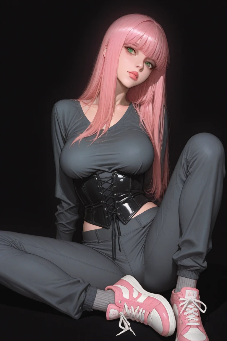 beautiful 20 year old woman, front view, pink long cascade hair, sexy body, European, lying and spreading legs, legs rised up, seduction, attractive, wide hips, rounded breasts, rounded ass, sexy black stockings, rubbing , low fat , maximum feminity, posing , looking into the camera, pleasuring herself, rubbing herself