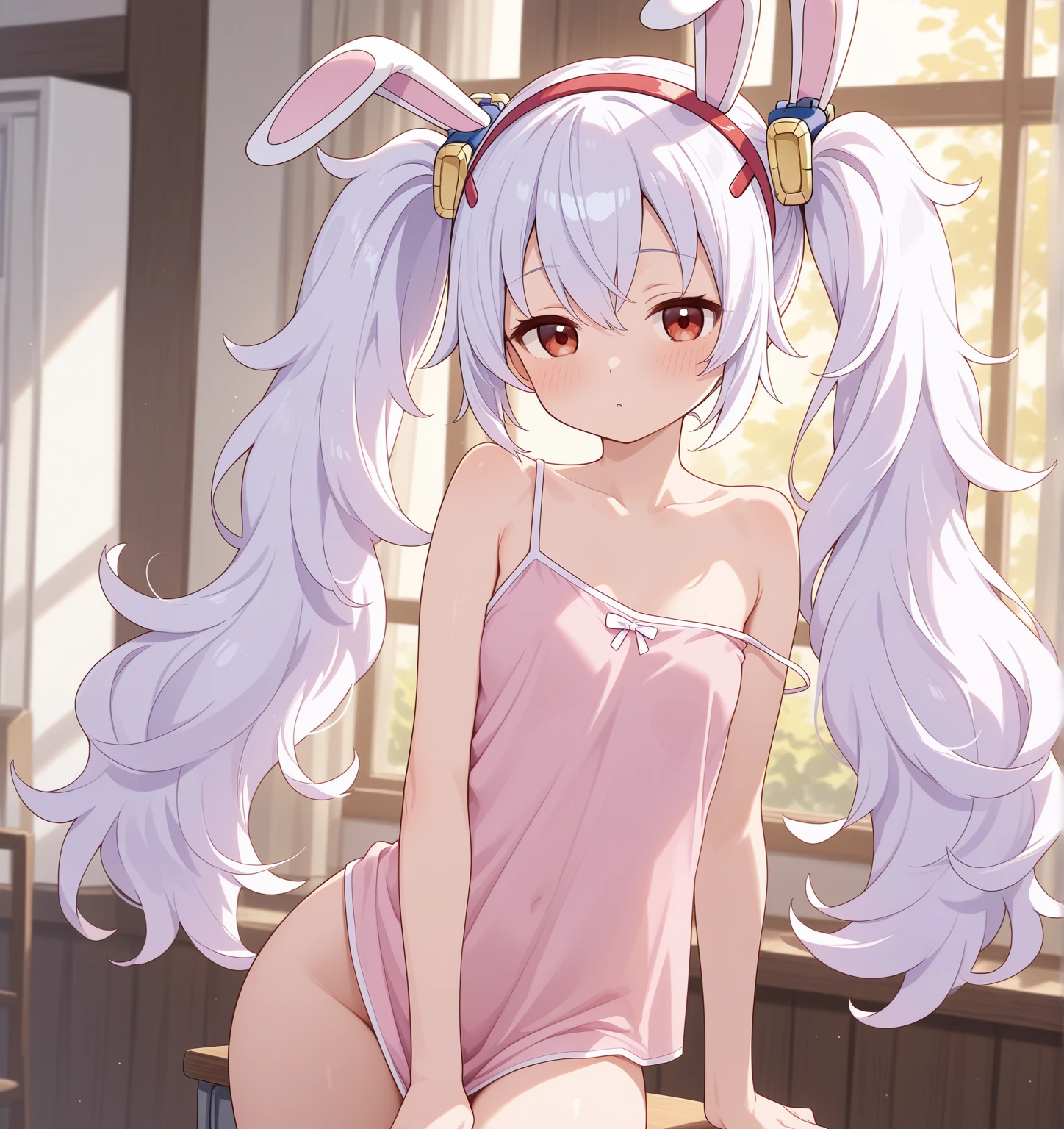 Woman-rabbit hybrid, with white hair and pink eyes, wearing a pink swimsuit, with a niece, in an oriental setting