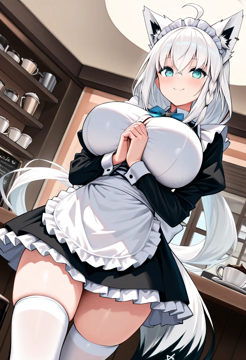 Tabletop Best image quality wonderful Attention to detail One Young Woman((19 years old))(Huge breasts:1.8) Anime Style White maid outfit(Sleeveless)(exposed pussy:1.6) , the mini skirt, Pure white gloves(Elbow Gloves) White Pantyhose(Plain) wolf ears short hair((Shortcuts)(Gray Hair)(Curly Hair)(fluffy)) smile(Happy) Eye color is blue background(kitchen)