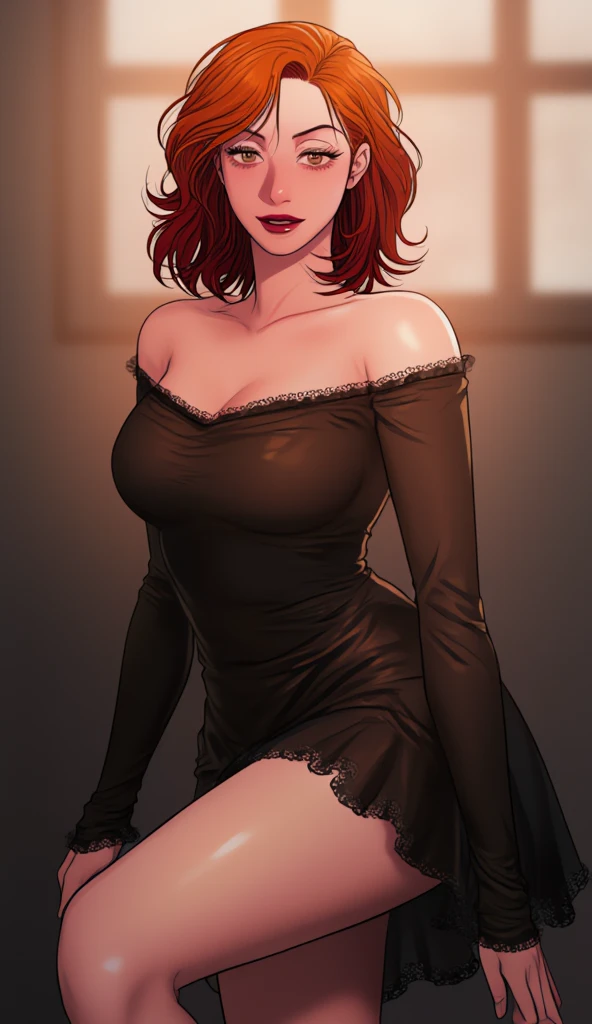 (high quality, 8k, 4K, high contrast, artwork:1.2, high quality, best aesthetics), (centered), ((1 woman)), erotic, sensual, mature body, grown woman, super detailed, beautiful face detailed, beautiful eyes detailed, detailed beautiful mouth, (long wavy red hair), (green eyes), (freckles), (penetrating gaze), (looking at viewer), (calm expression), (standing), (straight body posture), (front view), (hands hidden behind the back), (black eyeliner), (black lipstick), (black eyeshadow), (black bra), (black panties)