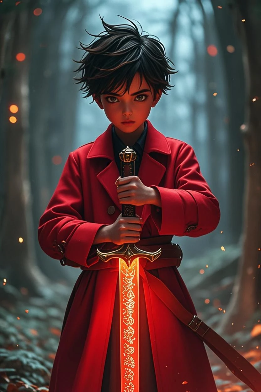 A boy with red shirt and black pant and he have crown in head holding red katana backside and background black 