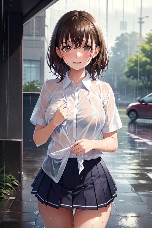 {Voluminous updo|natural wavy|upd|pixie cut}, looking at viewer, outdoors, happy face, light black eyes, black hair, 1girl, small breasts, (cinematic:0.7), cowboy shot,
tight skirt, rainy day, (wet:0.7),
{arms behind back|hands in hands in pockets|hands on hip},