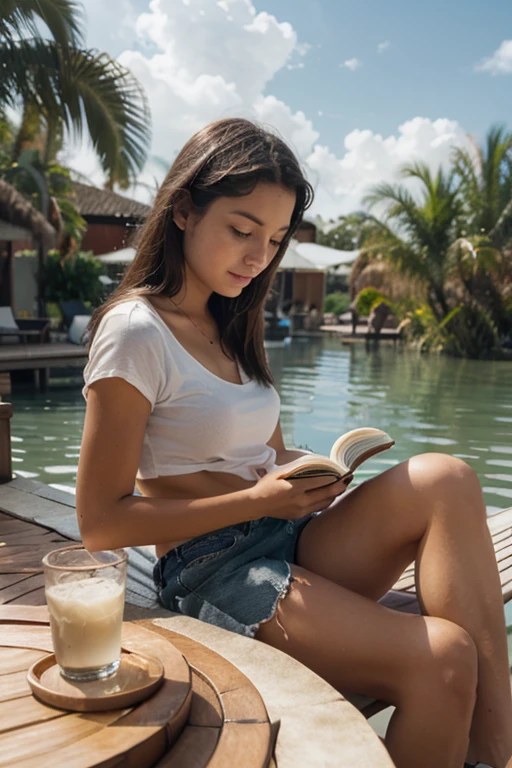 Photo realism Colombian style farm and a chubby woman with long curly hair looking at her cell phone dressed in a short black flowered dress with a low-cut floaty she is lying in a hammock