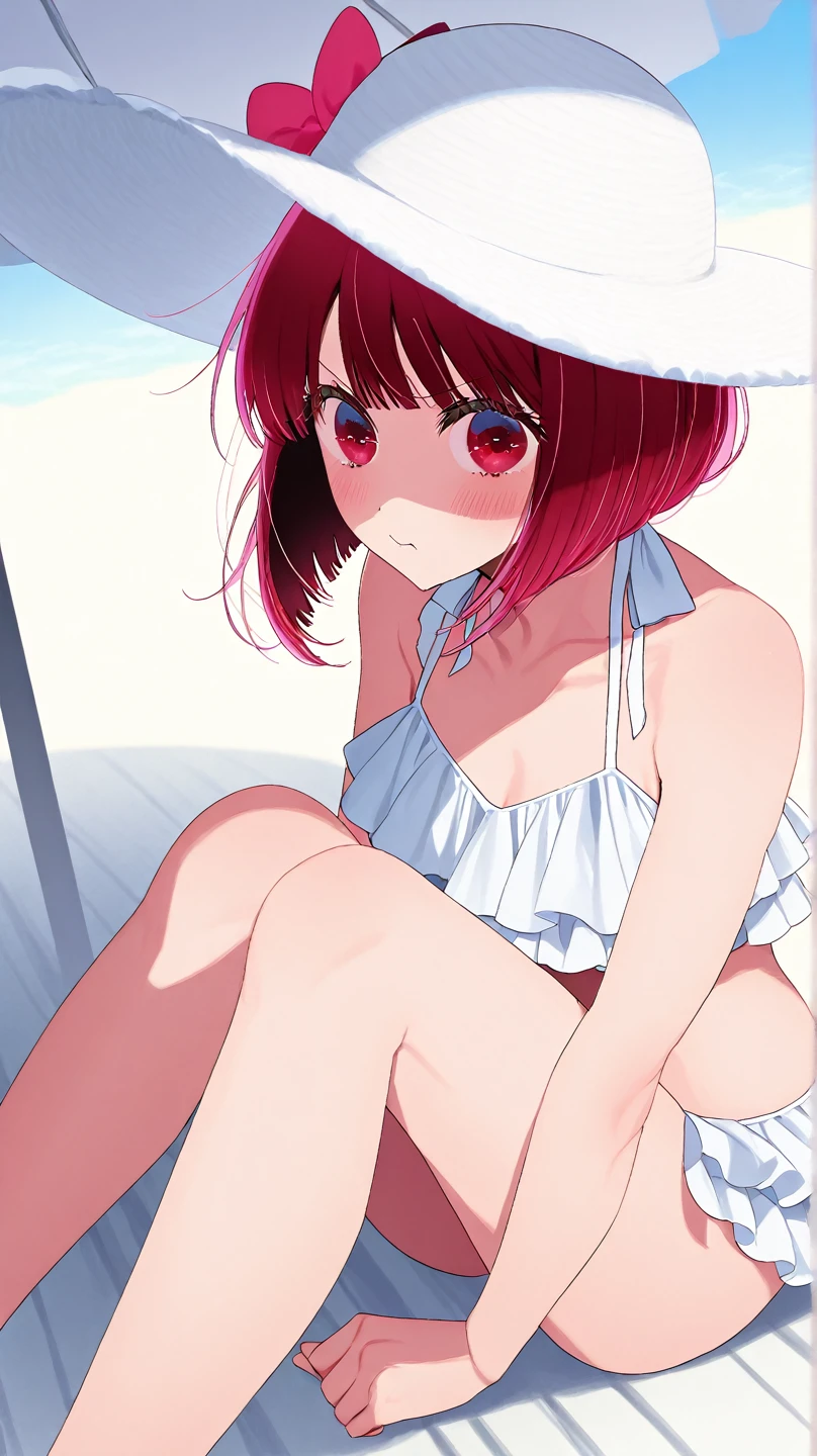 Best quality, masterpiece, ultra high res, (photorealistic:1.4), raw photo, 1girl, white wimsuit, sea, glowing skin, light smile, arima kana, red short hair, red eyes