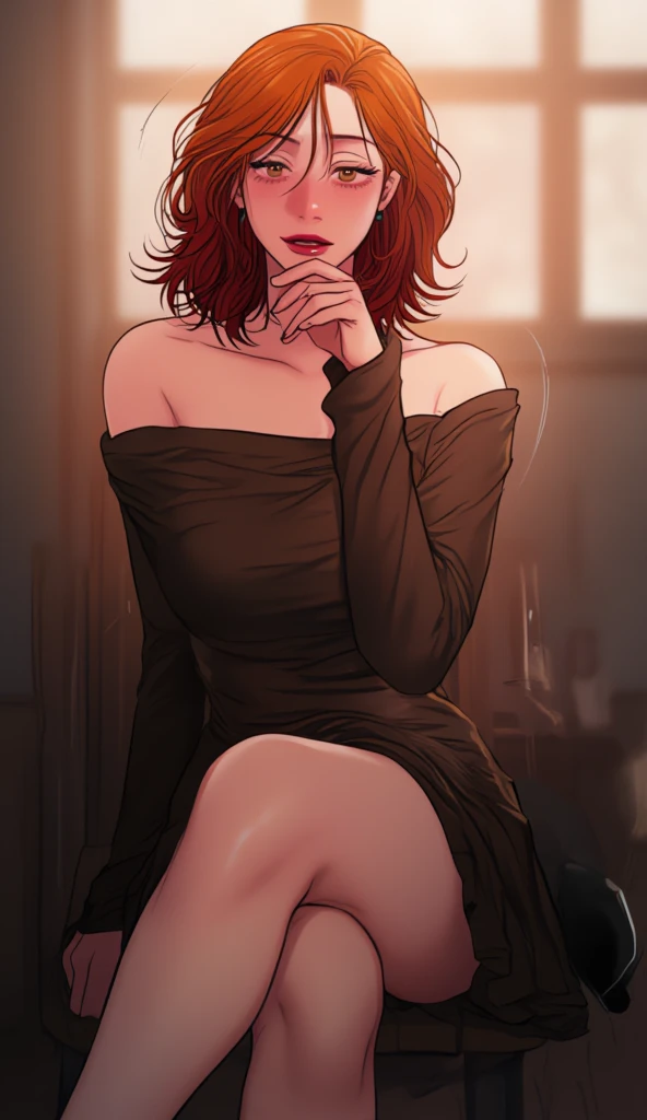 Allison Scagliotti, A girl with red hair, bobcut hairstyle, full body shot, detailed eyes and face, cardigan, bare legs, short hair, asymmetric haircut, inverted bob,