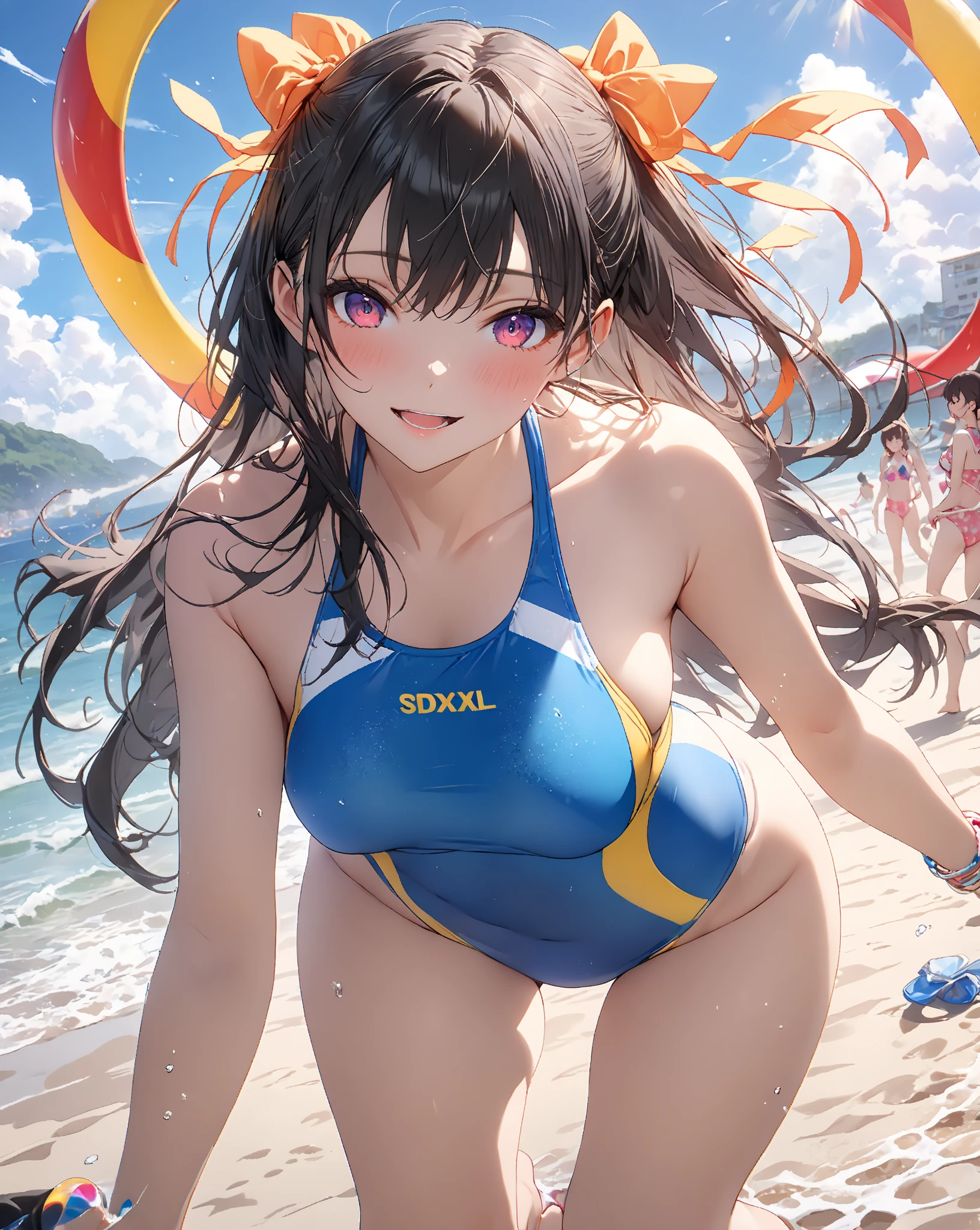 ((Standing with armpits pose that swimwear model)),
((Cowboy shot:1.2)), ((back view:1.2)), ((From below:1.2)),
(in the Waikiki beach of Hawaii),