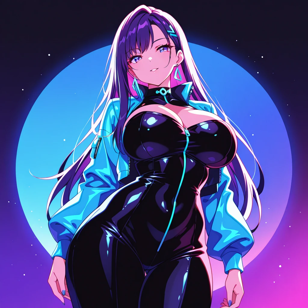 Create a digital artwork of a voluptuous female character with massive breasts in an anime-inspired style. The character should have long, flowing purple hair and large, expressive purple eyes. She should be wearing an almost see-through bra that accentuates her curves. The art style should be a blend of anime and semi-realism, with: Smooth, detailed shading: Use gradients to create depth and volume in the character's form. Sharp, precise line work: Clean lines to define the character's features and outfit. Realistic lighting effects: Emphasize the reflective quality of the whole outfit with highlights and glossy reflections. Soft, ambient background: Set the scene in a normal bedroom, the character sitting on the edge of her bed with crossed legs. The background should have a soft, romantic glow with bokeh effects to enhance the dreamy atmosphere. Color vibrancy: Use rich, vibrant colors for the character and background to make the image pop. Ensure the character's expression is giving a seductive and confident look. The overall mood should be bold and captivating, with a high level of detail and polish in the final artwork.