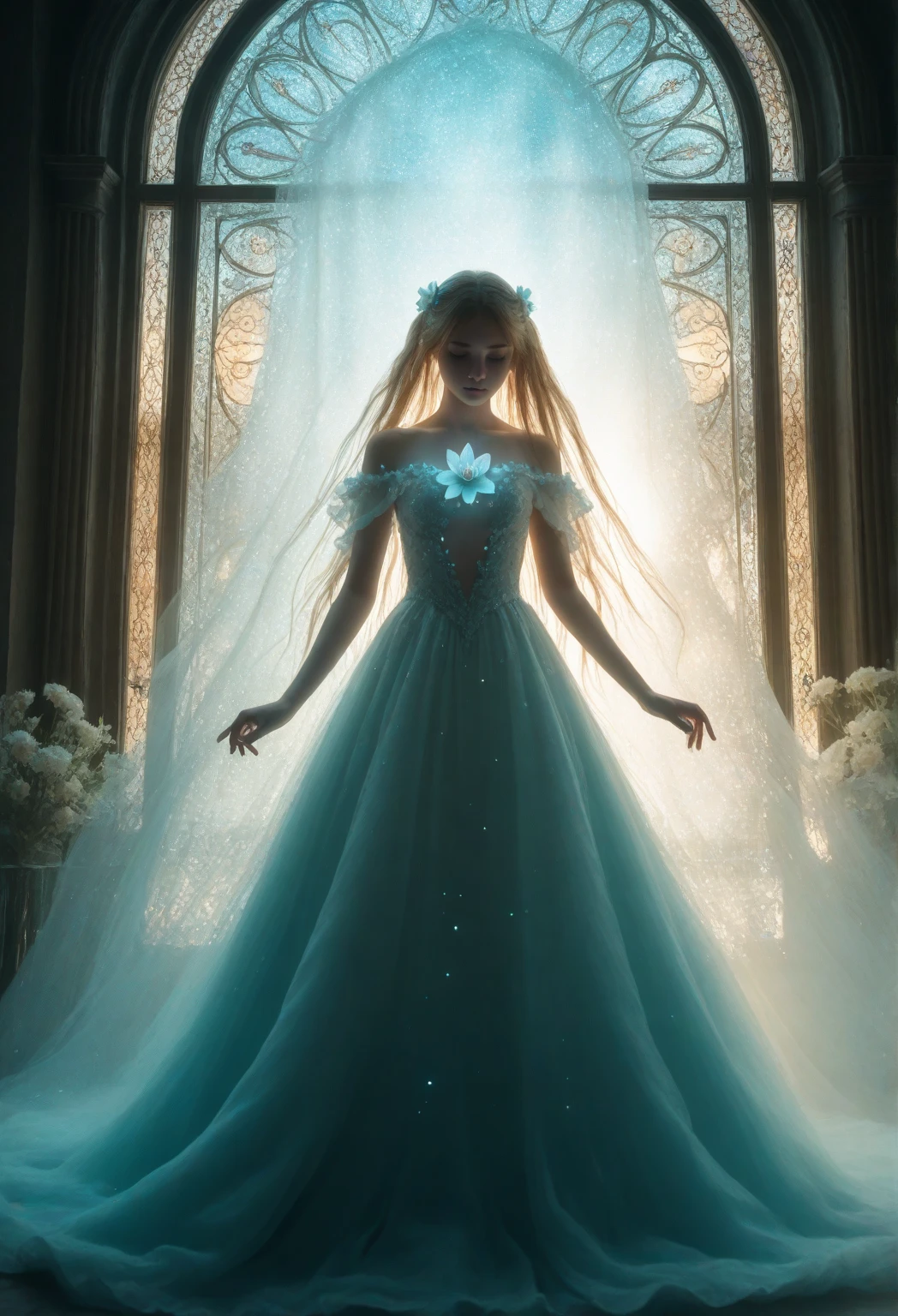 Hyperrealistic art female wearing <lora:xl_n15g_aio_clothing-2.0:0.8> bioluminescent dress, in a castle, iluminated by candles, volumetric lighting . Extremely high-resolution details, photographic, realism pushed to extreme, fine texture, incredibly lifelike