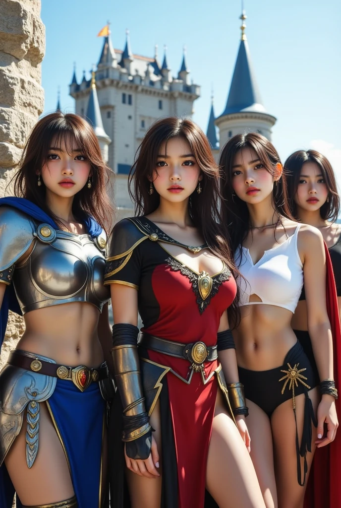 Top quality, masterpiece, very high resolution, (photorealistic: 1.4), Raw photo, 3 girls, long straight blond hair cut in a bob, light blue eyes, (beautiful breasts）、shiny skin、(( (beautiful detailed European faces)))、With a beautiful sword and shield、gorgeous and resplendent luminous girls,（Beautiful silver sexy armor、mini skirt, (((Random straight hair))),(((beautiful legs))), (proportionate breasts ), Seductive look, ((beautiful smiling)), ((SEA FRONT BACKGROUND)), (Ultimate beauty), (Detailed and realistic beauty face), ((see pantie)), ((apparent pussy)), (Small LED), ((Super realistic details)), portlate, global lighting, Shadow, octane rendering, 8k, ultra-sharp, exposed raw skin in neckline, metals, Intricate ornament details, very intricate details, Lightweight and realistic (Mystical expression), CGSoation trend, bright eyes, Facing the camera), Gundam, Small LED.

