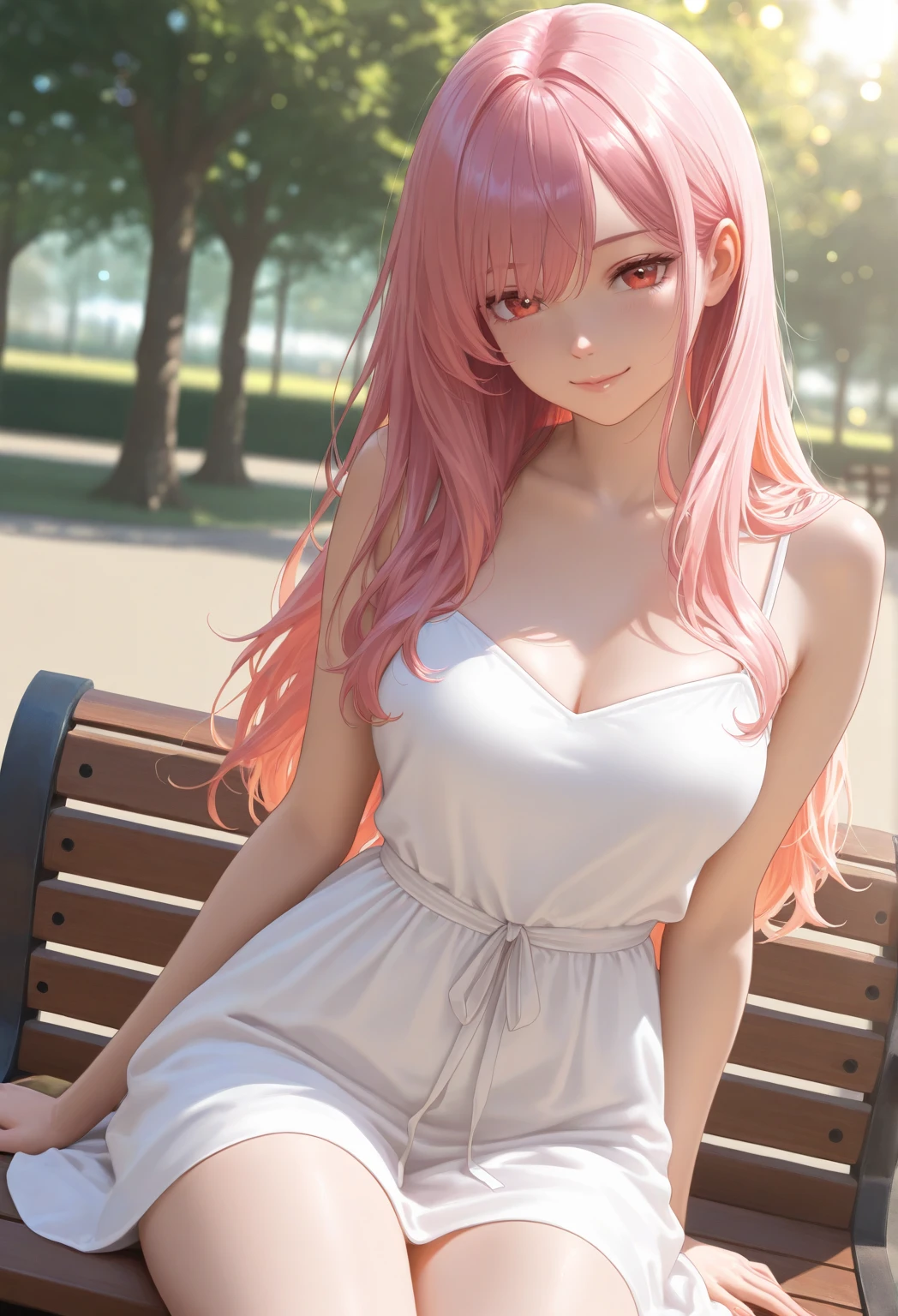 model posing, hands on knees, smile, cleavage, Upper body is shown、Realistic, real person, RAW photo, photorealistic, portrait photography, shiny skin, japanese idol、pink hair、Wavy medium hair with bangs、20 year old woman with pink eyes、wearing a white off-shoulder blouse、wearing a skirt、Alone、The background is a park,