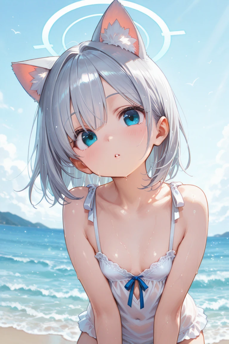 girl、1girl、:3、animal ears、blue eyes、blue hair、Cat ear、closed mouth、hair between eyes、look at the audience、short hair、Silver hair, light blue inner hair、hoodie,Upper body,cat tail,model pose,bikini,bikini,beach,sunny disposition