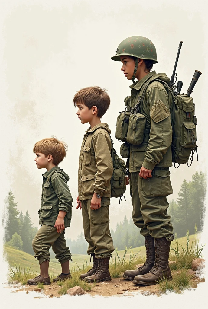 5 Children dressed as cartoon soldier with a branch in hand and a newspaper hat --auto --s2