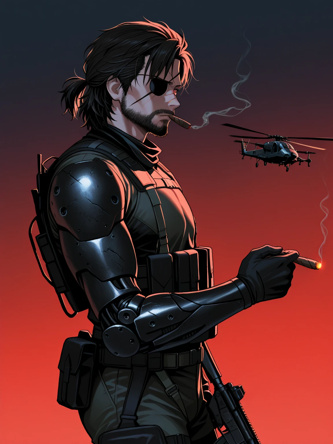 {illustration}, {{1man}}, {{alone}}, {{{masterpiece}}}, {{{best quality}}}, {{ultra-detailed}}, {{detailed face}}, high quality, 8K Ultra HD, score_9, score_8_up, score_7_up, Venom Snake (Metal Gear Solid), dark brown hair, short Ponytail hairstyle, right eye patch,  blue left eye, thick masculine beard, left robotic arm, scars on face, anatomically correct, serious face, modern battlefield during night, dark dramatic mood, rough lighting, cold atmosphere, ambient blue side lighting, holding an AR-15(gun) on both hands, smoking a cigar, combat helicopters in the background {crowds}, Abandoned city in the background far behind, view from side, {{side perspective}}, {{medium shot}}, {{Metal Gear Solid vibe}}