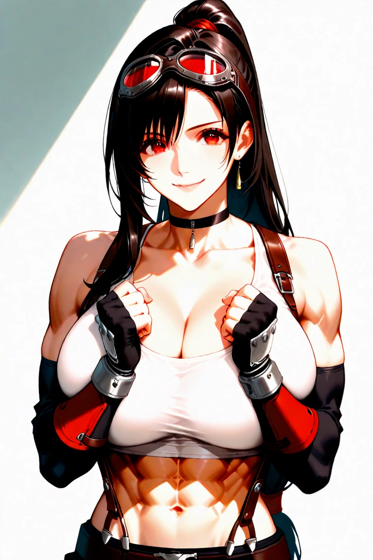 tifa lockhart, final fantasy, fair skin, long dark hair, red eyes, ((detailed eyes:1.2)), medium breasts, wearing swimsuit, sexy, sensual, sleeveless, sideboob, underboob, masterpiece, top quality, best quality, official art, beautiful and aesthetic:1.2), extreme detailed, colorful, highest detailed