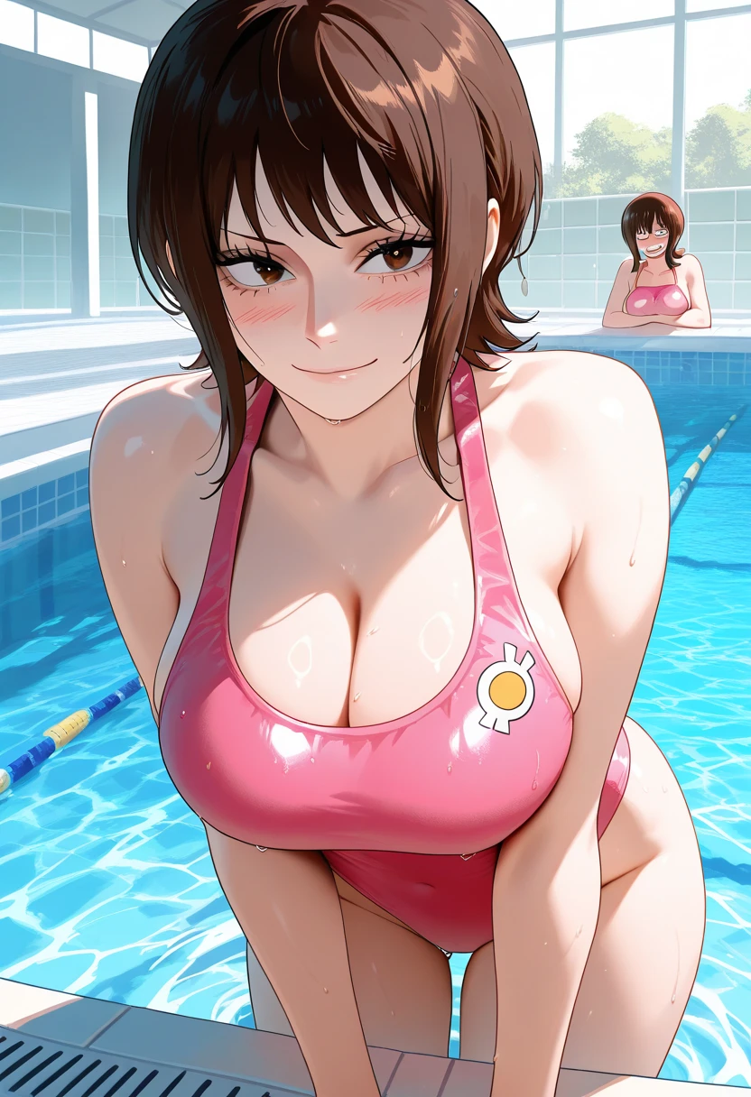 masterpiece, best quality, ultra high res, ultra-detailed, outdoor pool, afternoon, mountain landscape, 1 young plump school girl, slut, (brown hair: 1.3), (amber eyes: 1.3), (curtain bangs hairstyle: 1.4), (full lips: 1.3), (red gloss lipstick: 1.4), (hairy pubic hair: 1.3), (giant tits and giant cleavage: 1.6), (torned blue school swimsuit:1.5), (glasses: 1.4), (Hard and erected Nipples: 1.4), (she is lying in the pool and doing a fellatio to an old man with lots of cum while having a red embarassed face: 1.6)