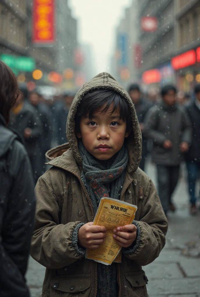An orphan child, who lives on the street, and is begging for alms.